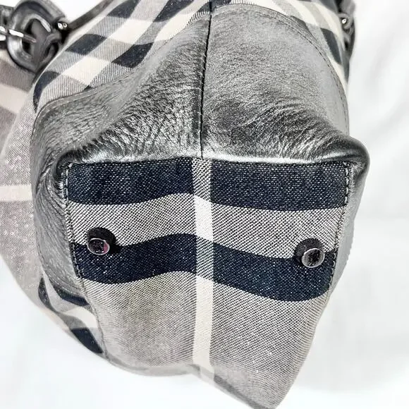 Burberry Super Nova Shimmer Check Tote Bag Canvas Leather Trim Open Top Pockets - Picture 13 of 16